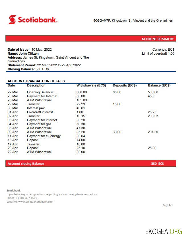 Relevé bancaire de la Banque Scotia de Saint Vincent et les Grenadines